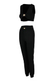 Calças de cardigan preto moda sexy com decote em v sem mangas duas peças