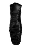 Черное модное повседневное однотонное базовое платье без рукавов с высоким воротником