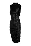 Черное модное повседневное однотонное базовое платье без рукавов с высоким воротником