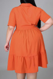 オレンジファッションカジュアルプラスサイズソリッドベーシックターンダウンカラーAラインドレス