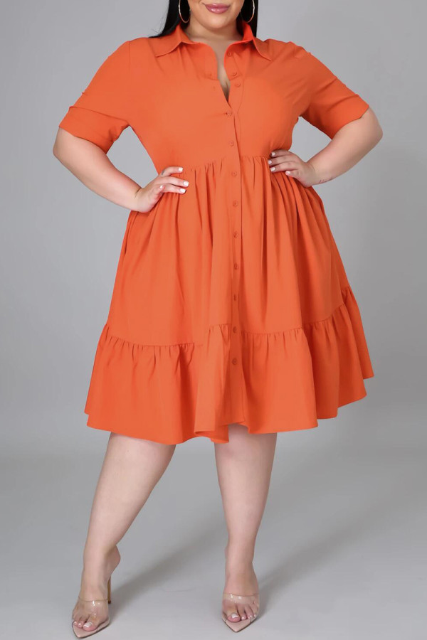 Оранжевые модные повседневные однотонные платья больших размеров с отложным воротником