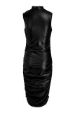 ブラックファッションカジュアルソリッドベーシックハーフタートルネックノースリーブドレス