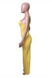 Vestito lungo dalla cinghia di spaghetti senza schienale solido sexy giallo di modo