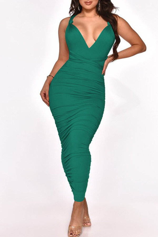 グリーン セクシー ソリッド パッチワーク 小帯折り非対称ワン ステップ スカート ドレス