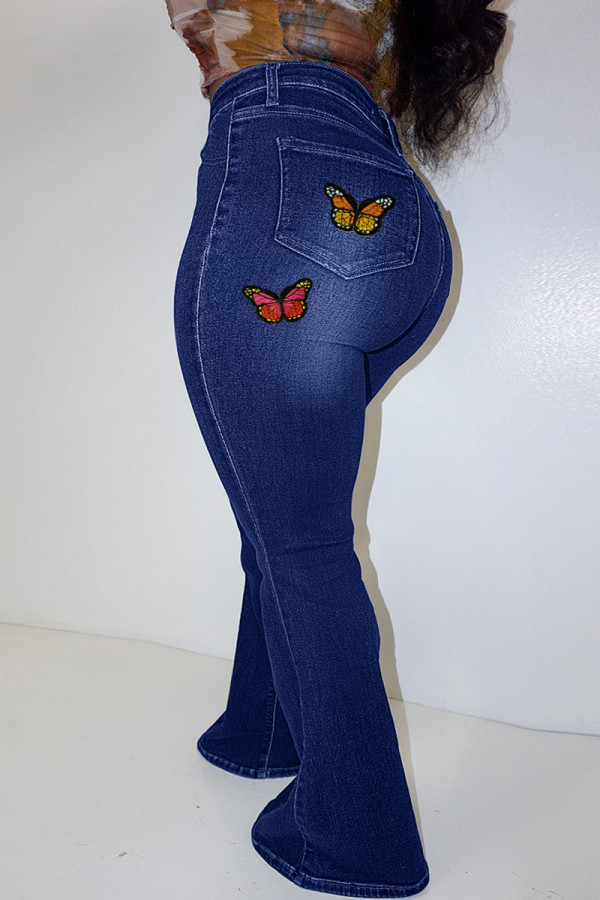 Diepblauwe modieuze casual jeans met vlinderprint in grote maten