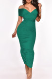 Green Sexy Solid Patchwork Frenulum Fold Asymmetrical One Step Skirt Dresses