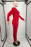 Rojo Casual Estampado Patchwork Cuello con capucha Manga larga Dos piezas