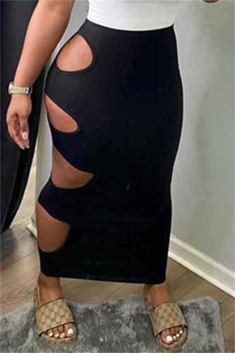 Black Sexy Casual Solid Hollowed Out Regular High Waist Skirt