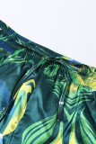 Manica lunga due pezzi verde casual stampa patchwork fibbia colletto rovesciato