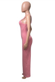 Vestito lungo sexy dalla cinghia di spaghetti senza schienale solido di modo rosa