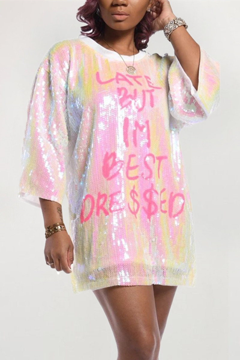 

Pink Fashion Letter Print Sequined Loose Dress