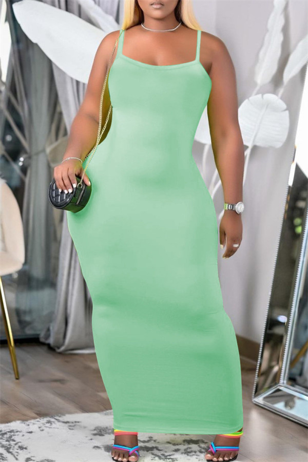 ライトグリーンファッションセクシーなソリッドバックレススパゲッティストラップロングドレス