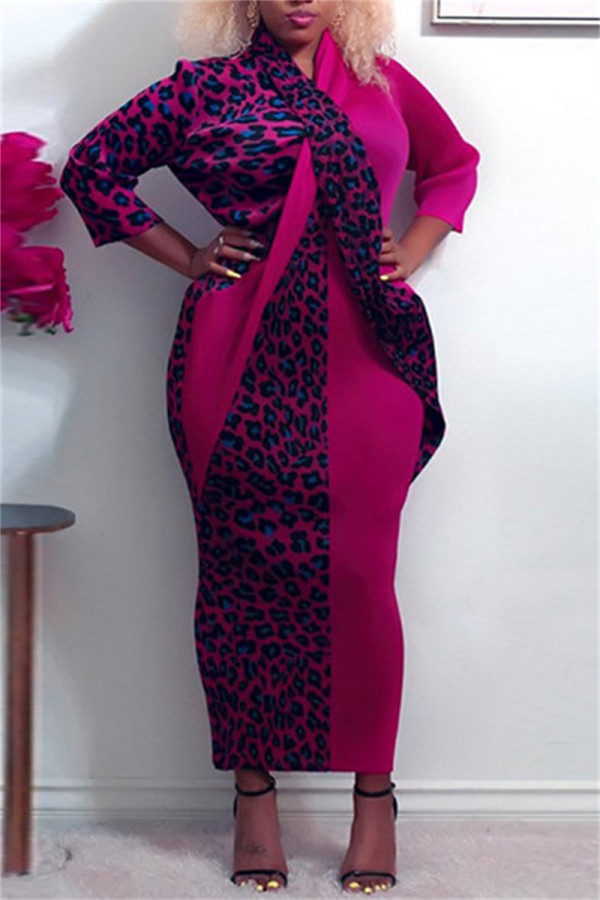 Vestidos de talla grande de manga larga con cuello en V y retazos de leopardo con estampado de moda rosa roja