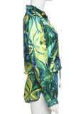 Gola virada verde com estampa casual patchwork fivela manga longa duas peças