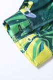 Gola virada verde com estampa casual patchwork fivela manga longa duas peças