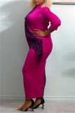 Rose Red Fashion Print Leopard Patchwork V-Ausschnitt Langarm Kleider in Übergröße