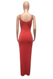 Vestido longo vermelho fashion sexy sólido sem costas com alça de espaguete
