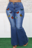ディープブルーファッションカジュアルバタフライプリントベーシックプラスサイズジーンズ