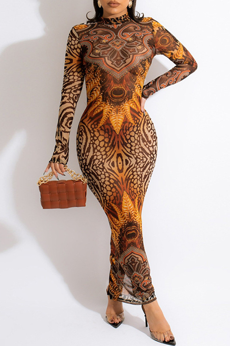 

Brown Fashion Sexy Print Bandage Backless Half A Turtleneck Long Sleeve Dresses