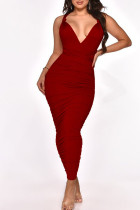 Красные сексуальные однотонные лоскутные платья с асимметричной юбкой в ​​один шаг и уздечкой уздечки