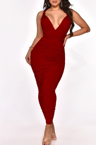 Red Sexy Solid Patchwork Frenulum Fold Asymmetrical One Step Skirt Dresses