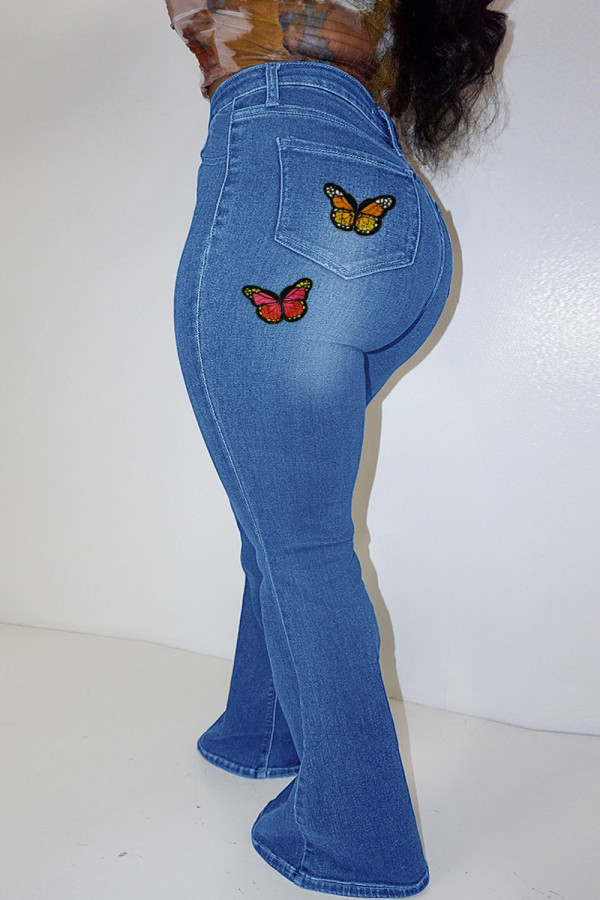 Blauwe modieuze casual jeans met vlinderprint in grote maten