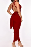 Robes jupe rouge asymétrique en une étape, Sexy, Patchwork, frenlum pliable, couleur unie