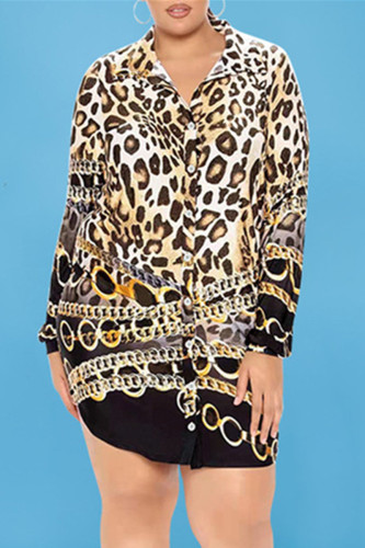 Leopard Print Fashion Casual Plus Size Print Basic Turndown Collar Shirt Dress