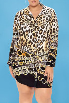 Vestido de camisa con cuello vuelto básico con estampado de leopardo a la moda informal de talla grande