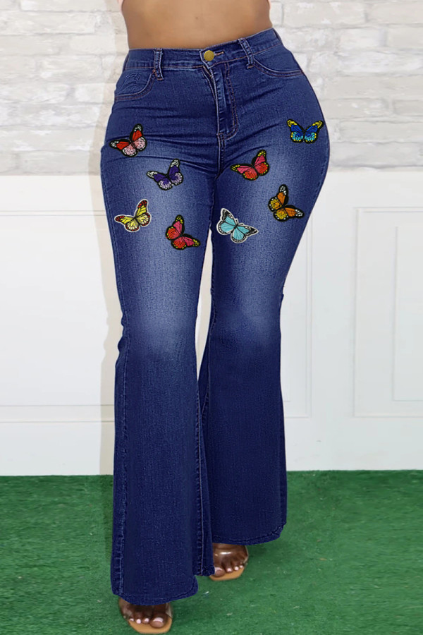 Tiefblaue, modische, lässige Schmetterlingsdruck-Basic-Jeans in Übergröße