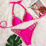 Rose Red Fashion Sexy Patchwork Solid uitgeholde Backless Strap Design Swimwears