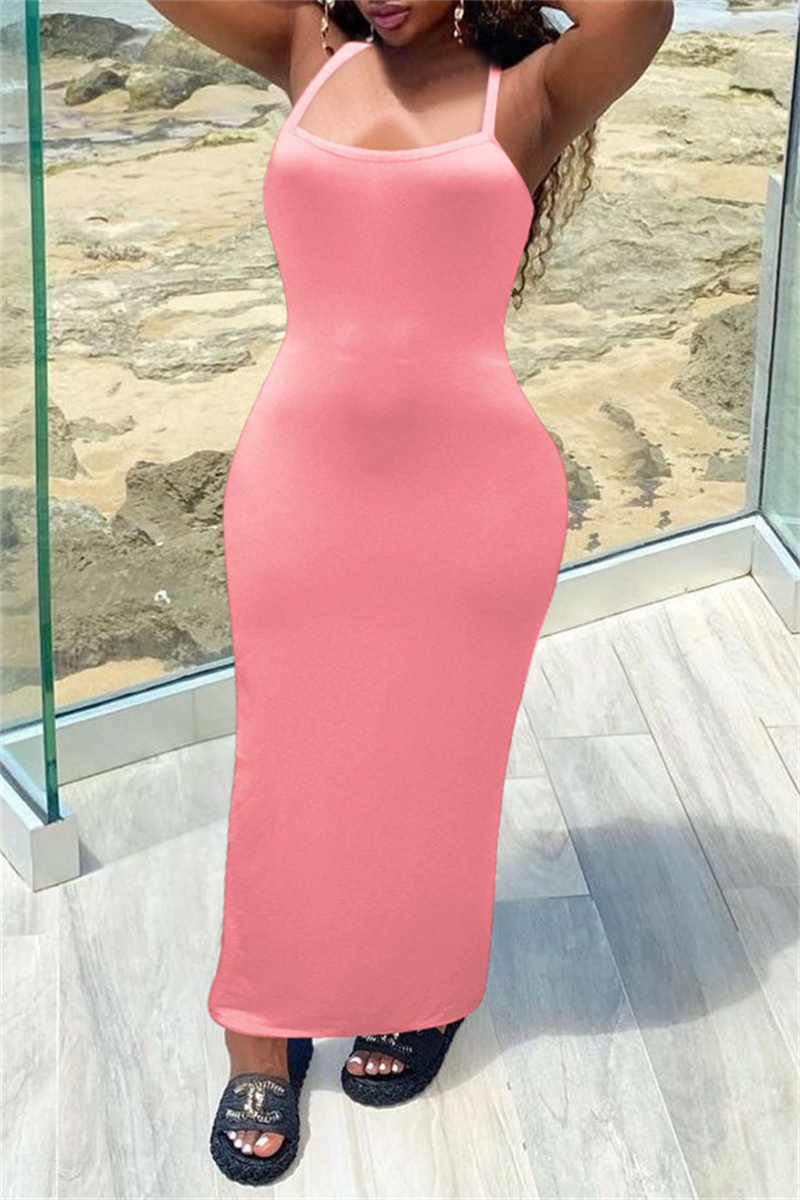 

Pink Fashion Sexy Solid Backless Spaghetti Strap Long Dress