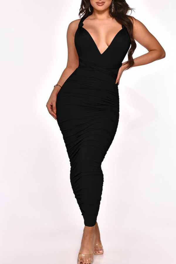 ブラックのセクシーなソリッドパッチワーク小帯折り非対称ワンステップスカートドレス