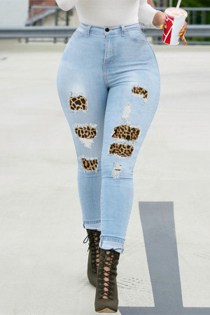 Baby Blue Fashion Casual Patchwork Leopard Ripped High Waist Skinny Denim Jeans
