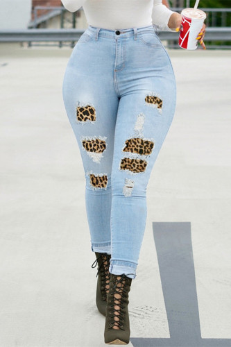 Jean skinny taille haute déchiré en léopard à la mode décontracté bleu bébé