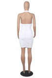 ホワイトファッションセクシーなソリッドバックレスフォールドホルターノースリーブドレス
