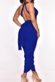 Colorful Blue Sexy Solid Patchwork Frenulum Fold Asymmetrical One Step Skirt Dresses