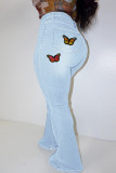 Deep Blue Fashion Casual Butterfly Print Plus Size Jeans