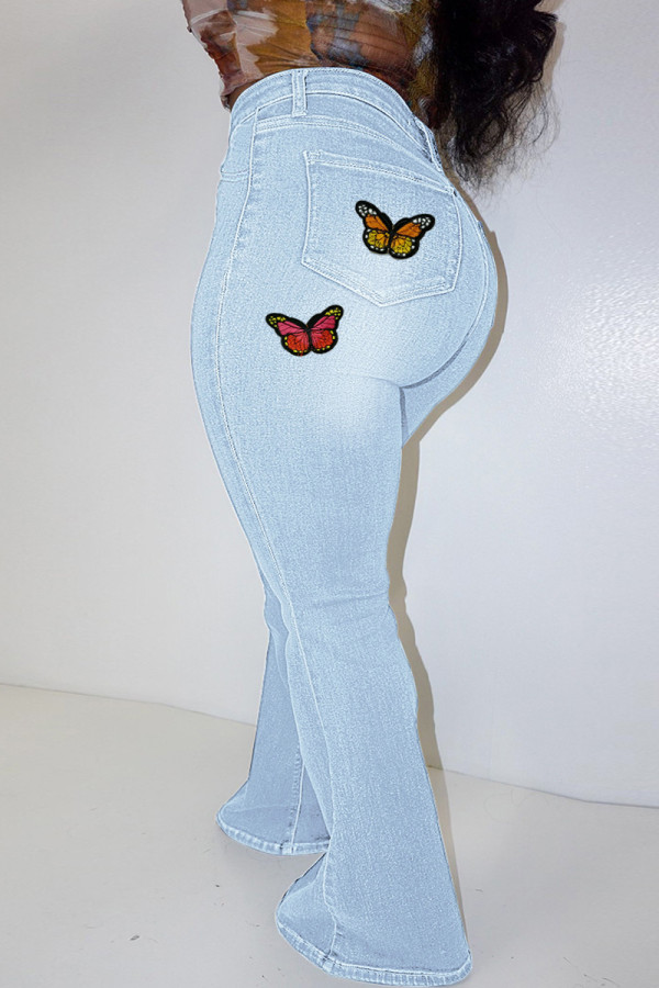 Lichtblauwe modieuze casual jeans met vlinderprint in grote maten