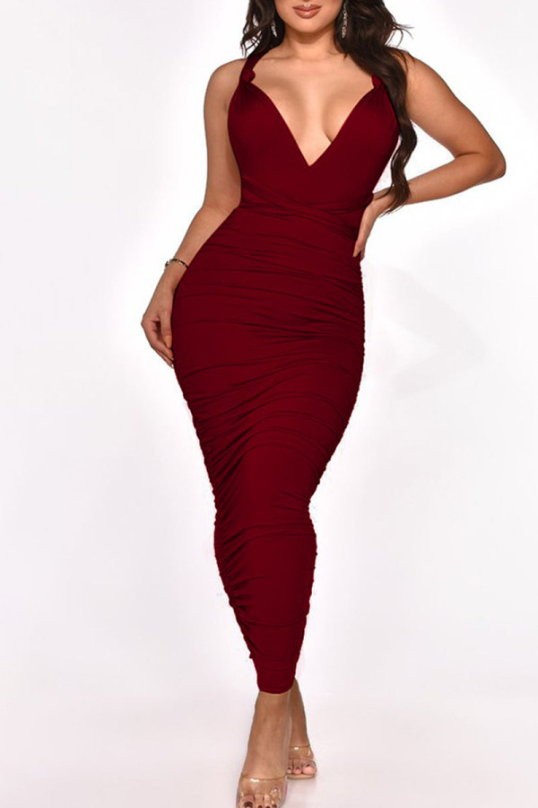 バーガンディのセクシーなソリッドパッチワーク小帯折り非対称ワンステップスカートドレス