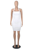 ホワイトファッションセクシーなソリッドバックレスフォールドホルターノースリーブドレス