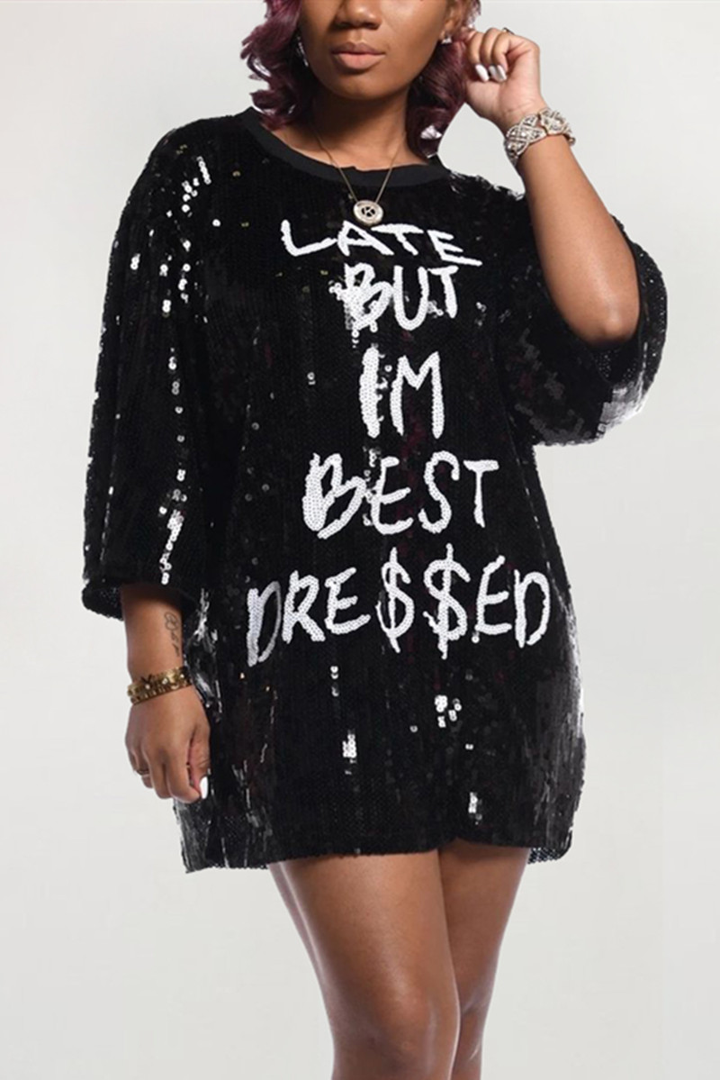 

Black Fashion Letter Print Sequined Loose Dress