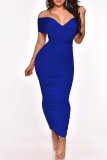 Colorful Blue Sexy Solid Patchwork Frenulum Fold Asymmetrical One Step Skirt Dresses
