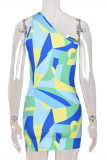 Multicolor Fashion Sexy Print Hollowed Out Backless One Shoulder Sleeveless Dress
