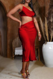 Vestido rojo sexy de retazos lisos con volantes y tirantes finos