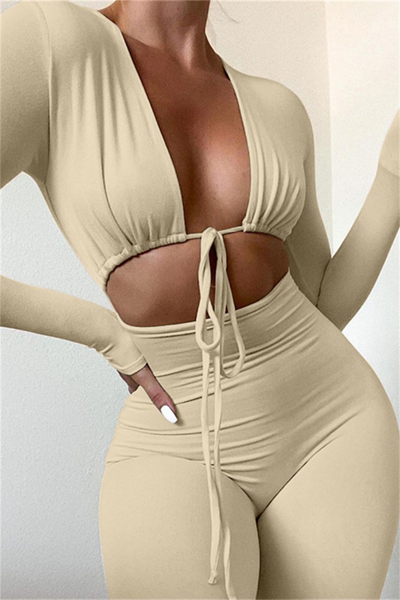 

Apricot Sexy Casual Solid Bandage Hollowed Out V Neck Skinny Jumpsuits