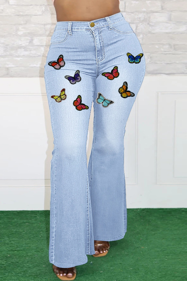 Jeans basic taglie forti con stampa casual a farfalla blu chiaro
