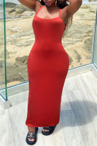 Robe longue à bretelles spaghetti dos nu sexy à la mode rouge