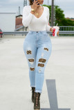 Baby Blue Fashion Casual Patchwork Leopard zerrissene Skinny Denim Jeans mit hoher Taille