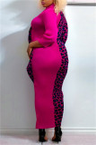 Rose Red Fashion Print Leopard Patchwork V-Ausschnitt Langarm Kleider in Übergröße
